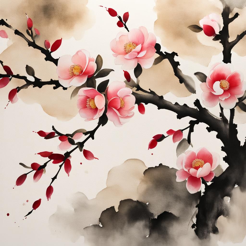 Camellia in Muted Chinese Ink Painting Style