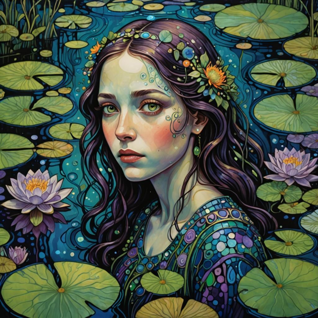 Ophelia in Hundertwasser-Inspired Fantasy Illustration