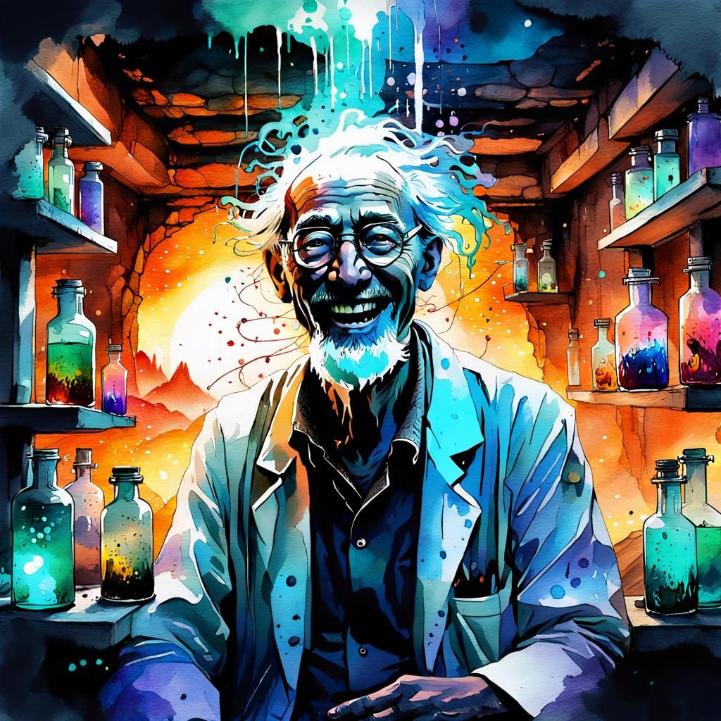 Mad Scientist in Dark Laboratory: Digital Watercolor Portrai...