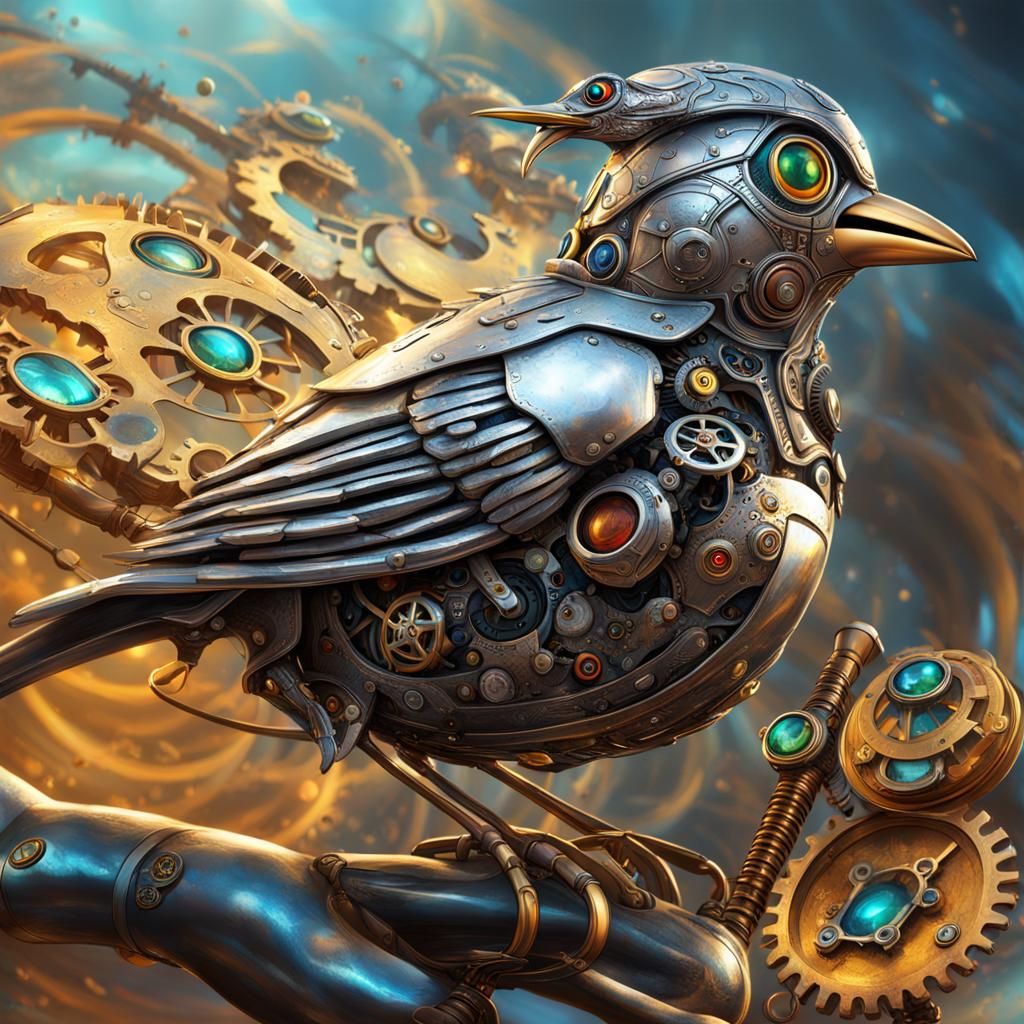 Steampunk Silver Blackbird in Hyperrealistic Splash Art