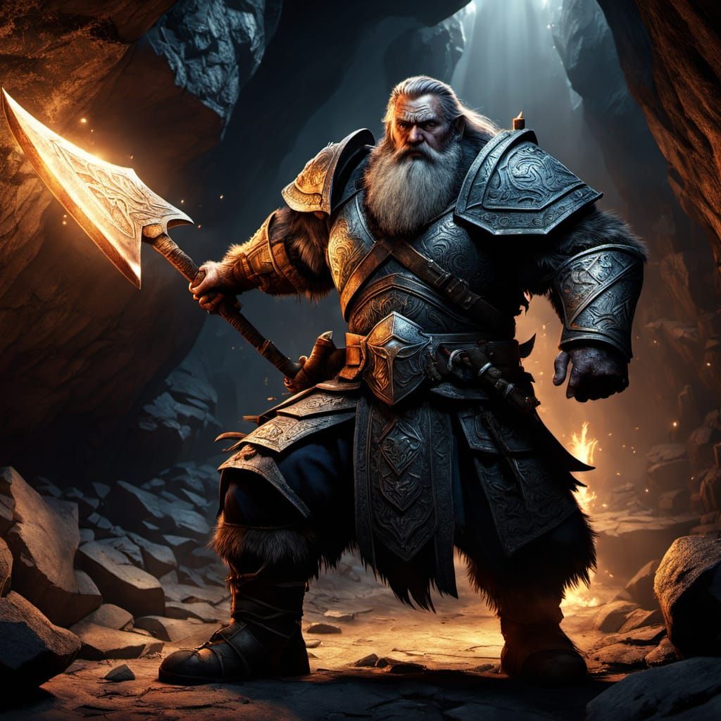 Mighty Dwarf Warrior in Dimly Lit Cave