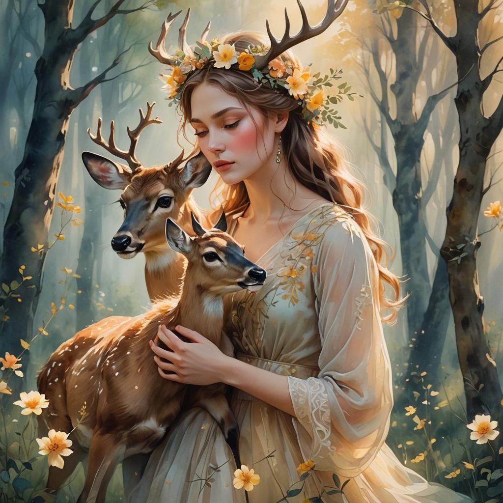 Enchanted Forest Maiden with Deer: Romantic Realism