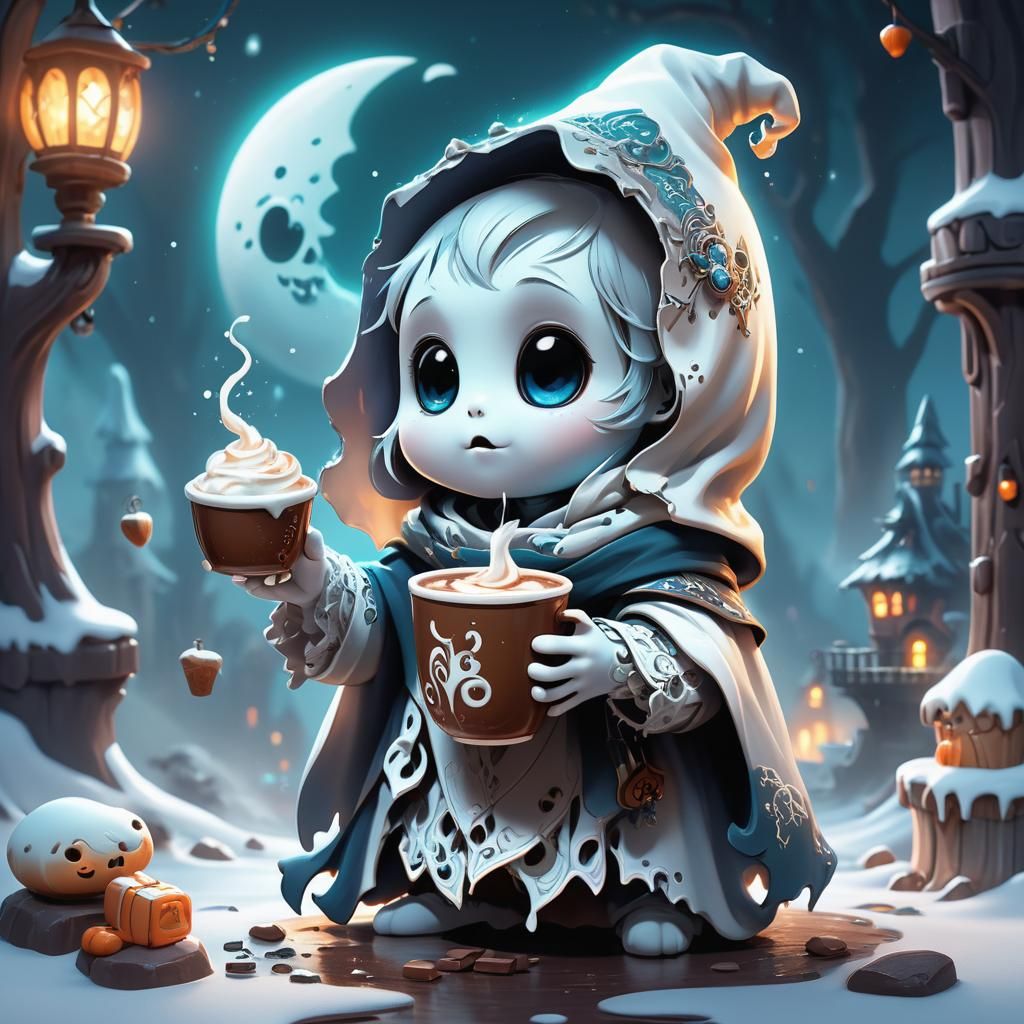 Chibi Ghost Sipping Hot Chocolate: Fantasy Concept Art