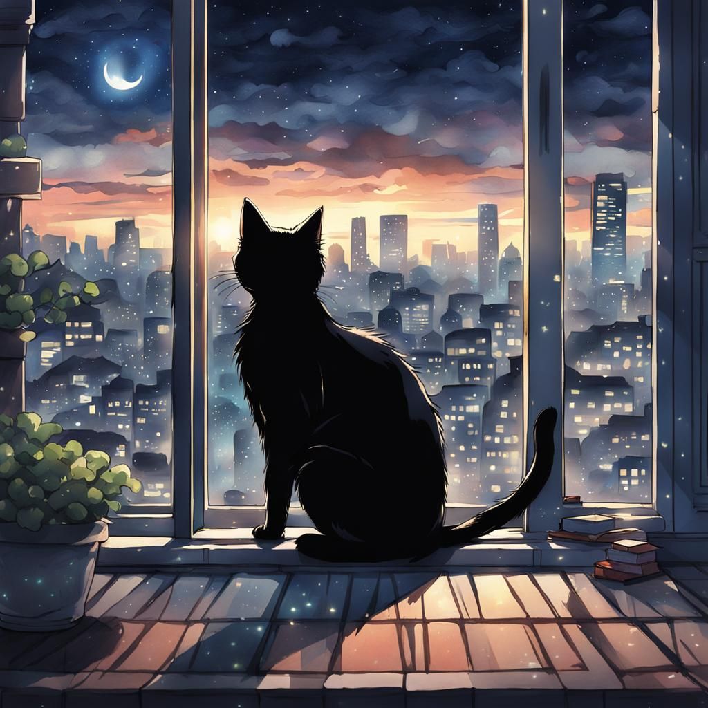 Black Cat Watches Night Cityscape: Anime Key Visual
