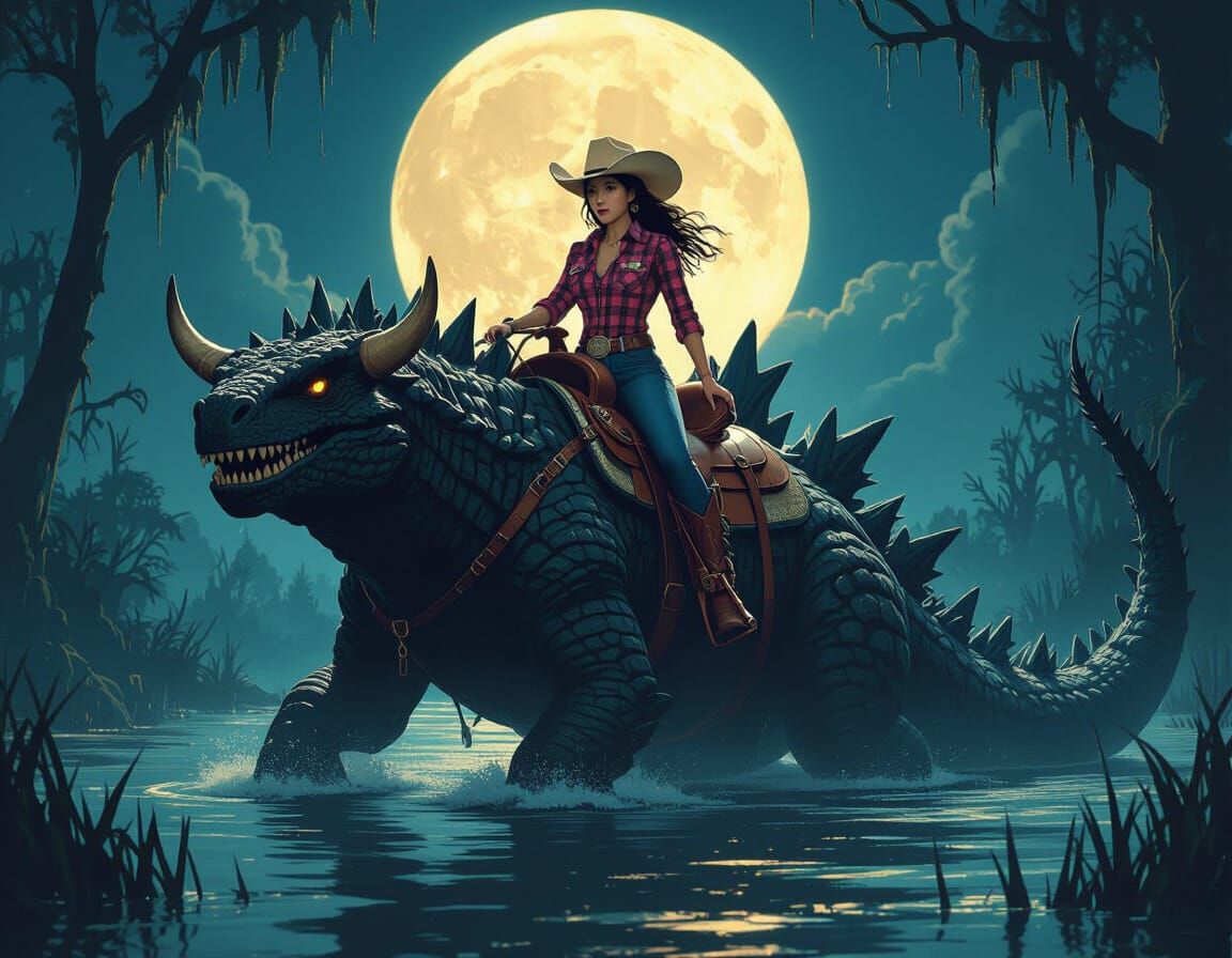 Cowgirl Rides Giant Kaiju Through Moonlit Swamp