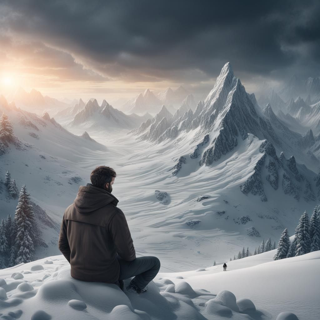 Contemplative Figure on Snowy Mountain: Digital Matte Painti...