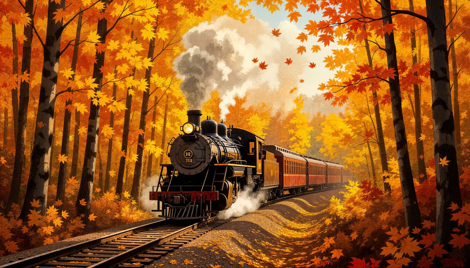 Autumn Train Journey Through Golden Maple Forest