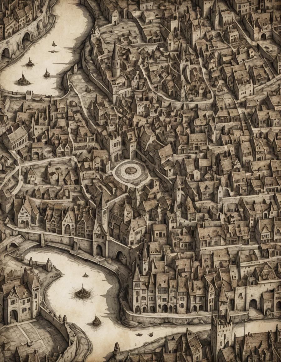 Detailed Fantasy Medieval Town Map Etching
