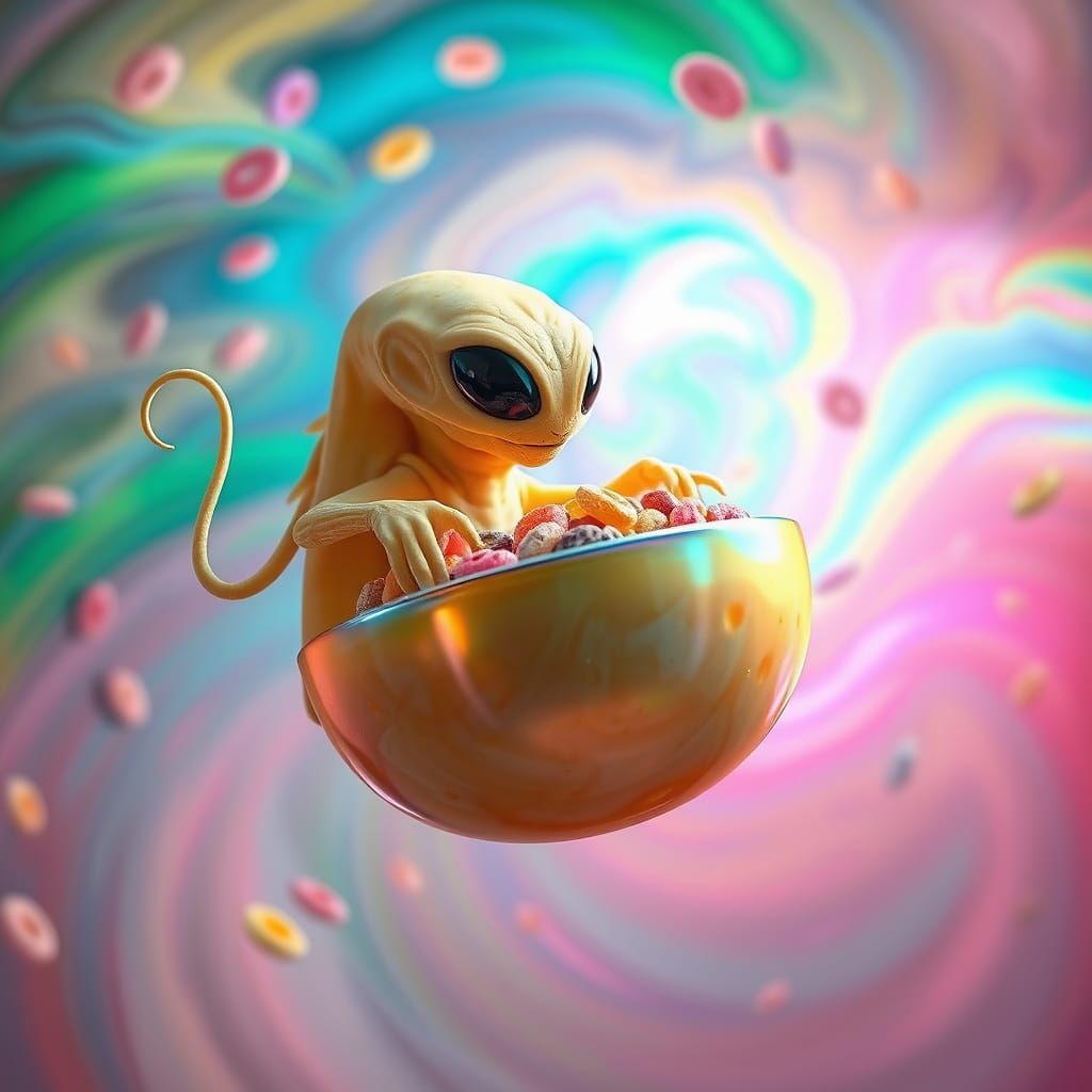 Glowing Cheese Alien Sails Bowl of Froot Loops Through Vibra...