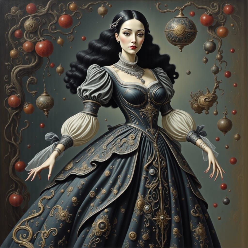 Elegant Silver and Black Dress with Intricate Patterns