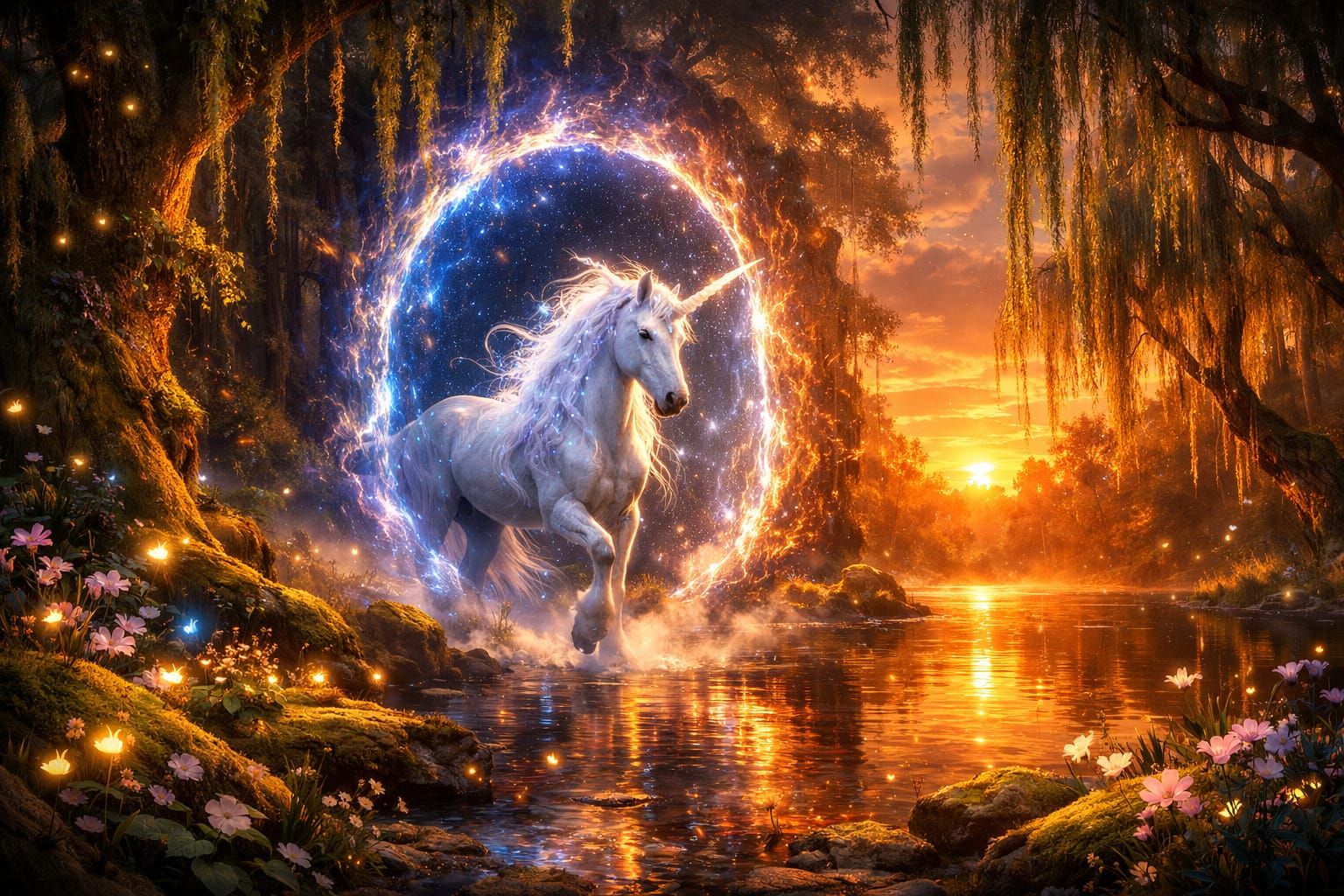 Majestic Unicorn Appears Through Magical Portal in Forest