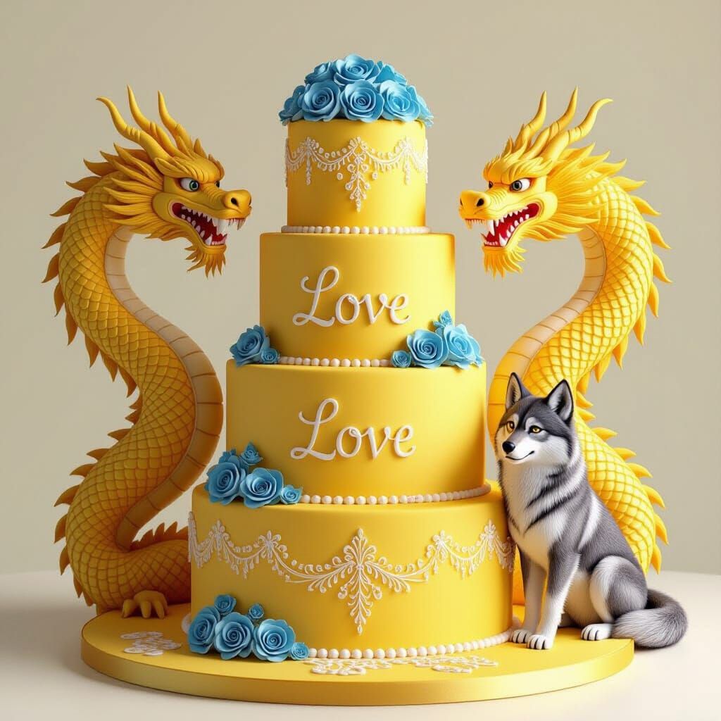 Opulent Gold and Yellow Wedding Cake with Lioness and Wolf