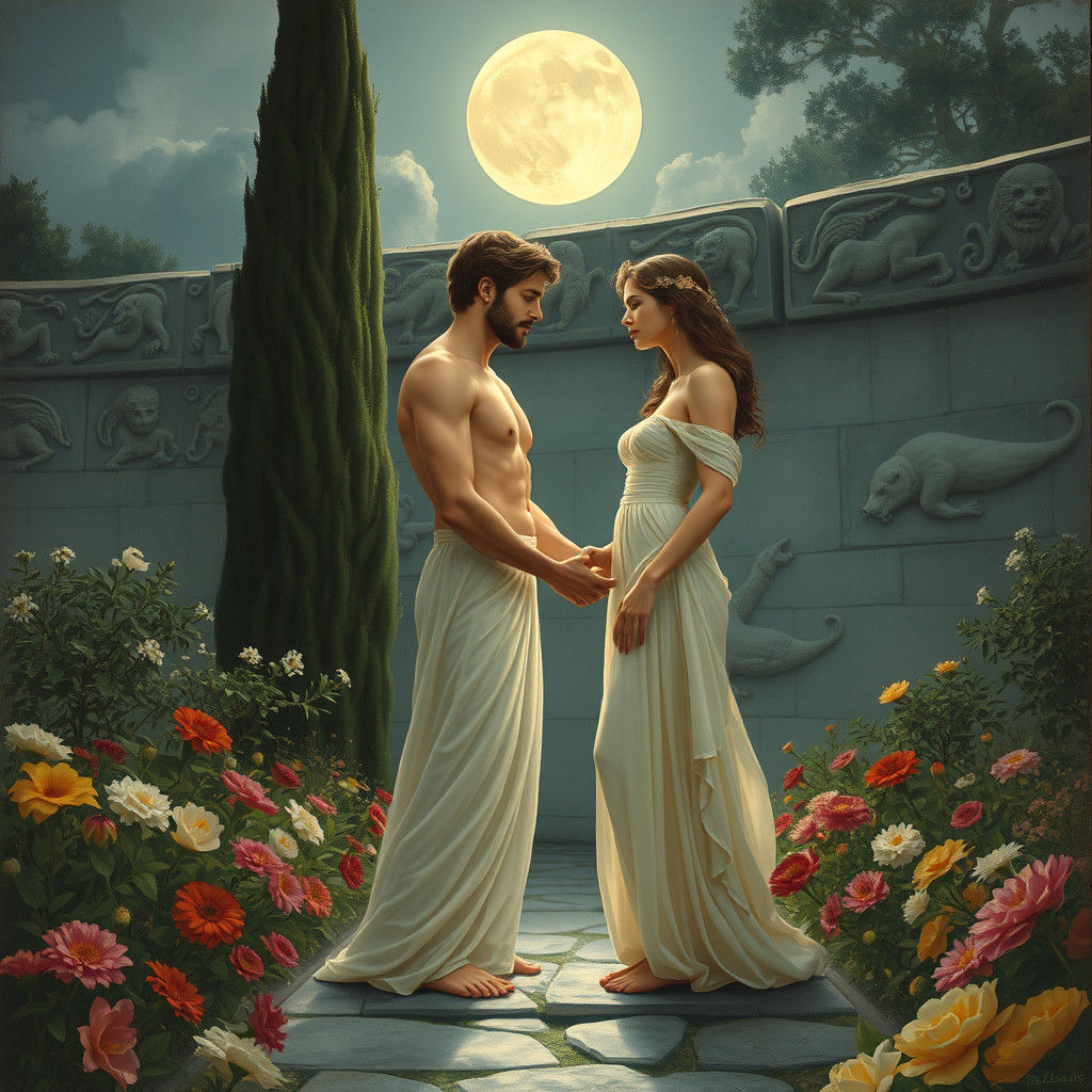 Star-Crossed Lovers in Moonlit Garden as Romantic Art