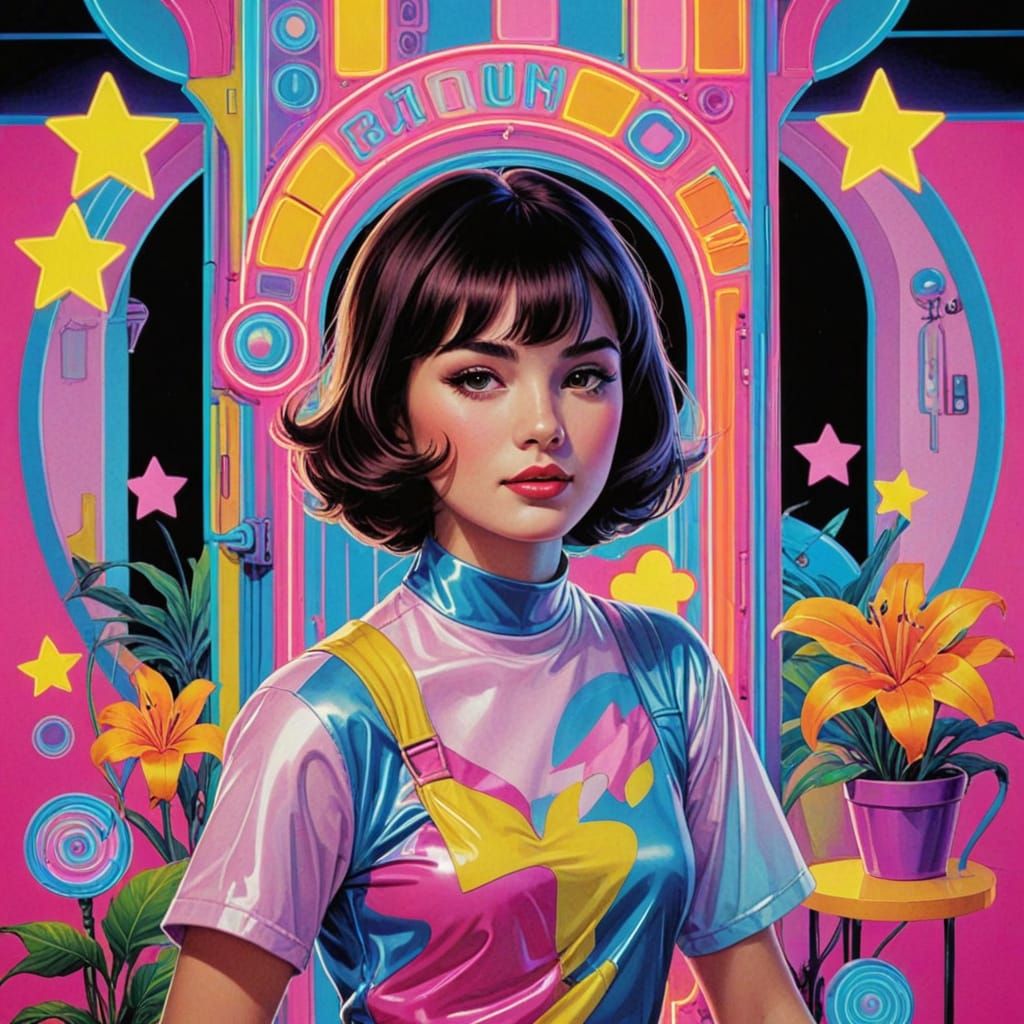 Vibrant Neon Dreamscape in Retro Art Style