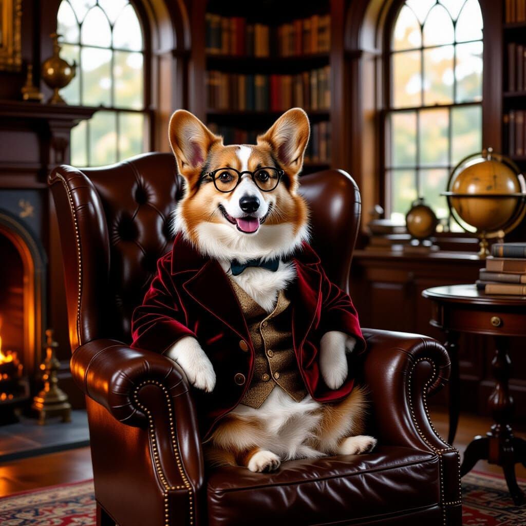 Corgi Gentleman in Cozy Study: Classic Portrait