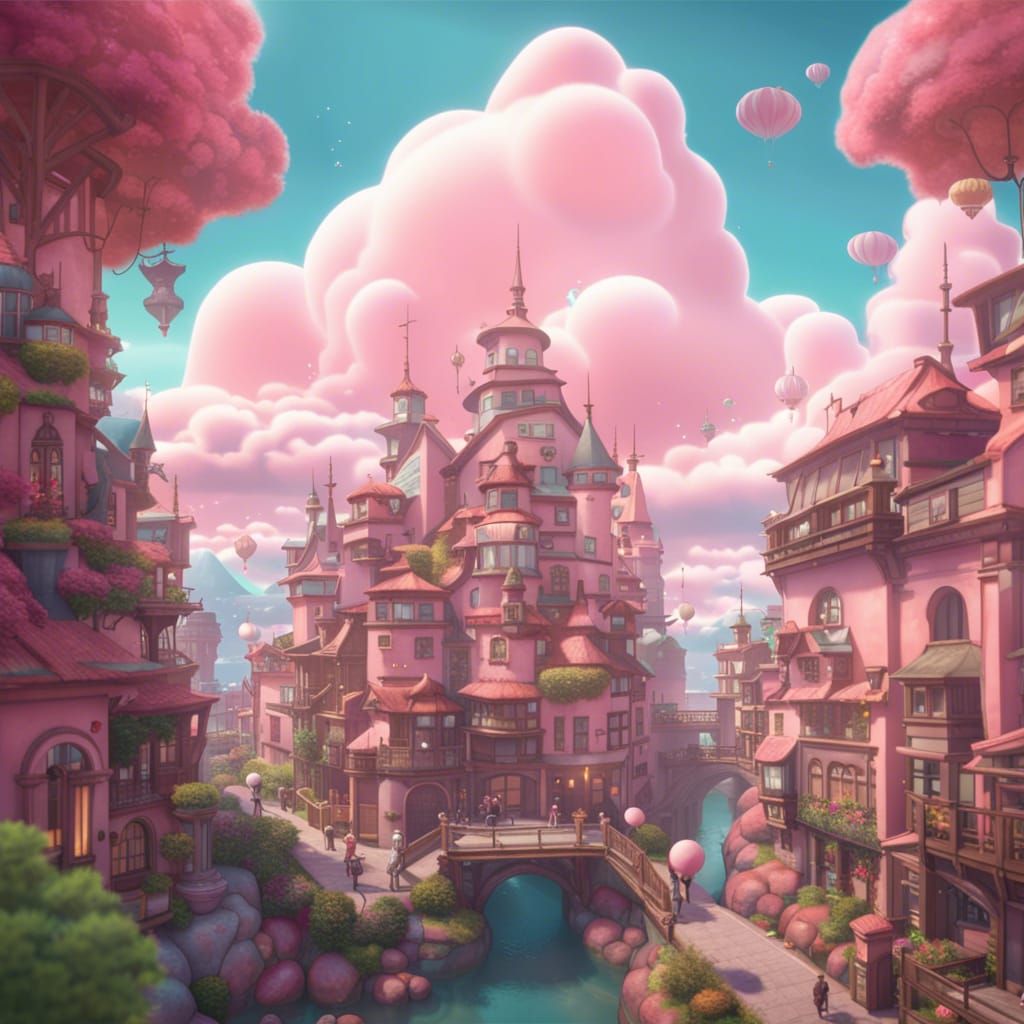 Ghibli-Inspired Kawaii City on Dreamy Pink Cloud