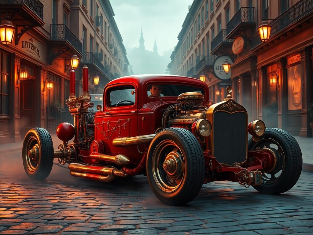 Steampunk Hot Rod on Cobblestone Street