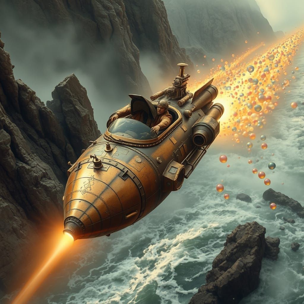 Steampunk Spaceship Races Through Bubble Trail Landscape