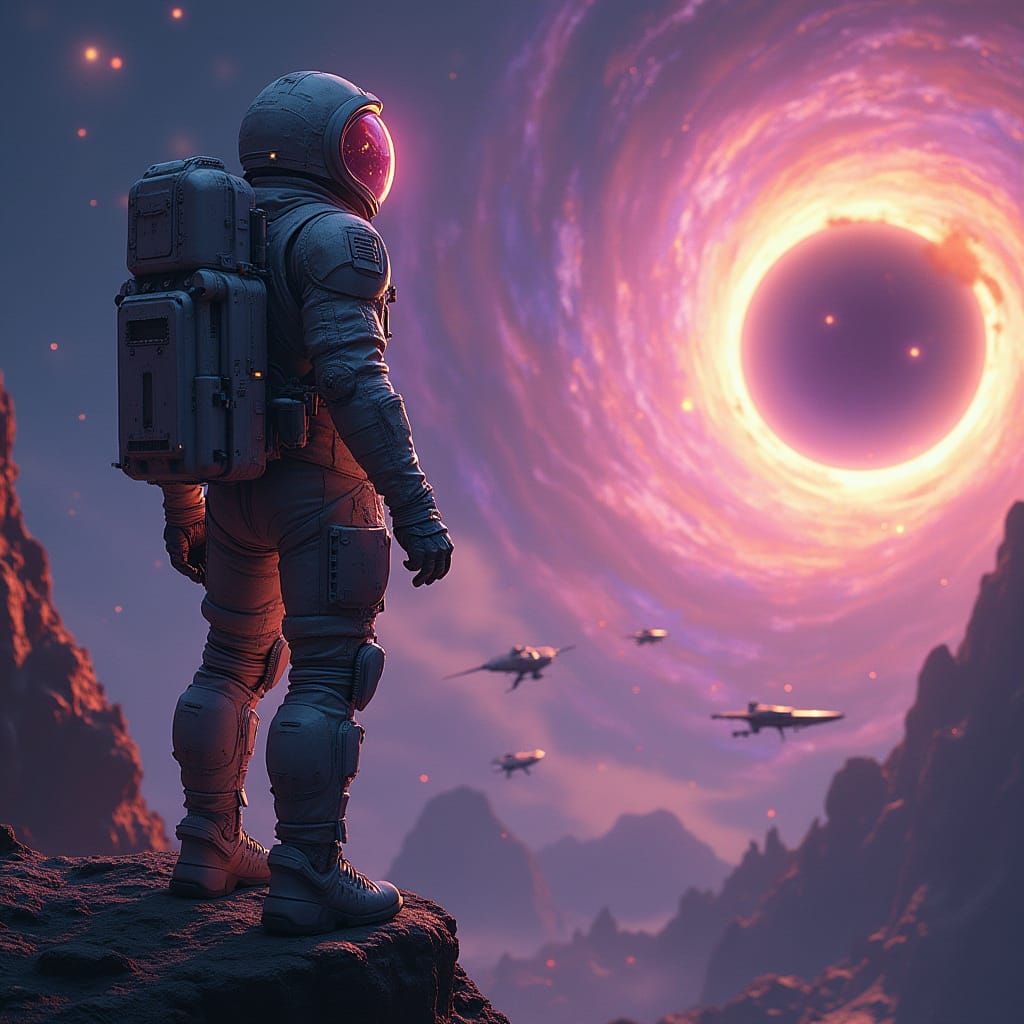 Ultra-Realistic Astronaut on Neon-Lit Alien Megastructure in...