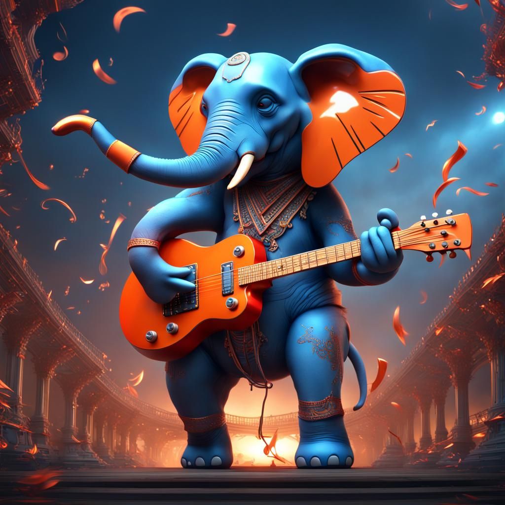 Metallic Elephant Plays Guitar: Digital Art