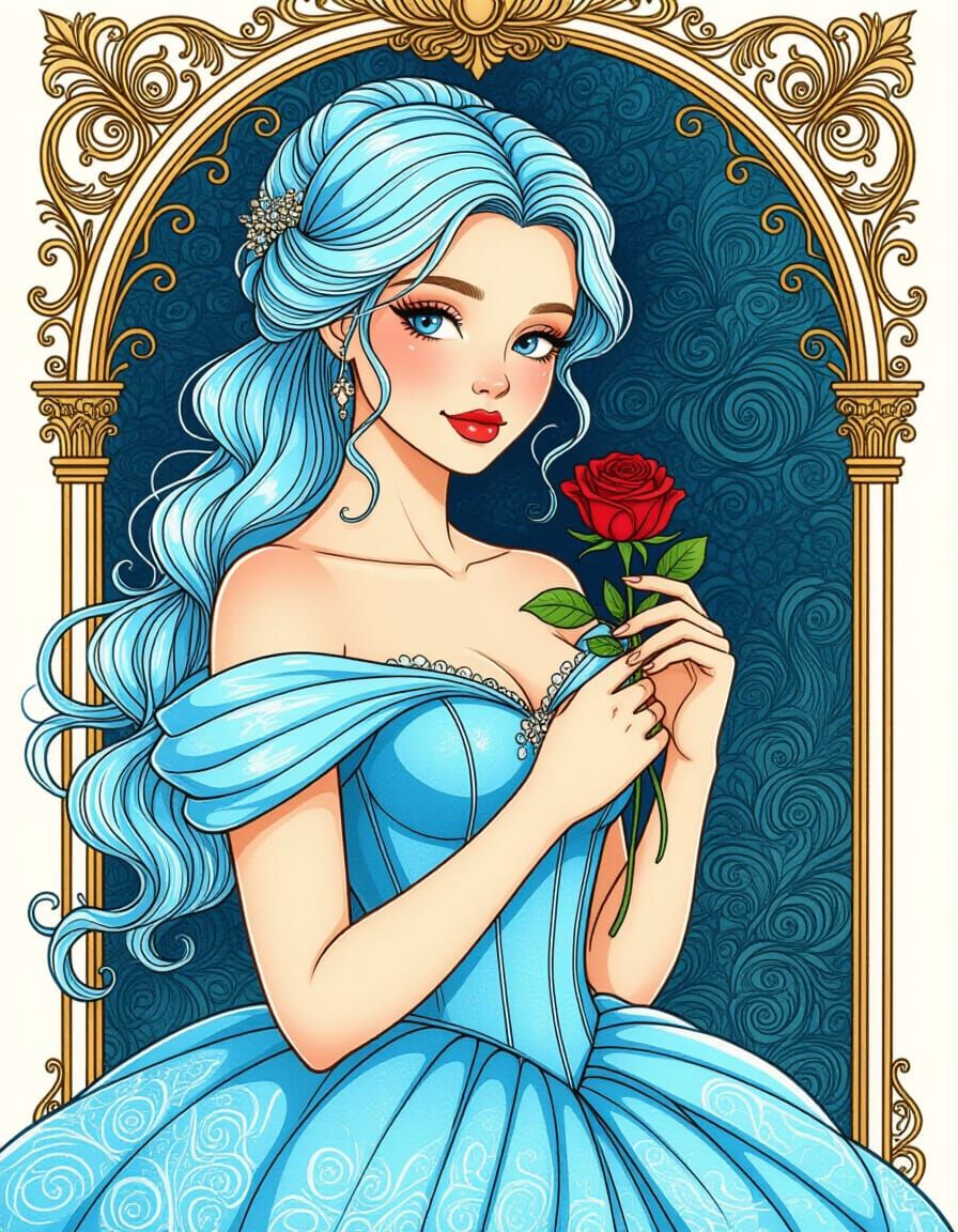 Elegant Woman in Gown, Pen and Ink Style