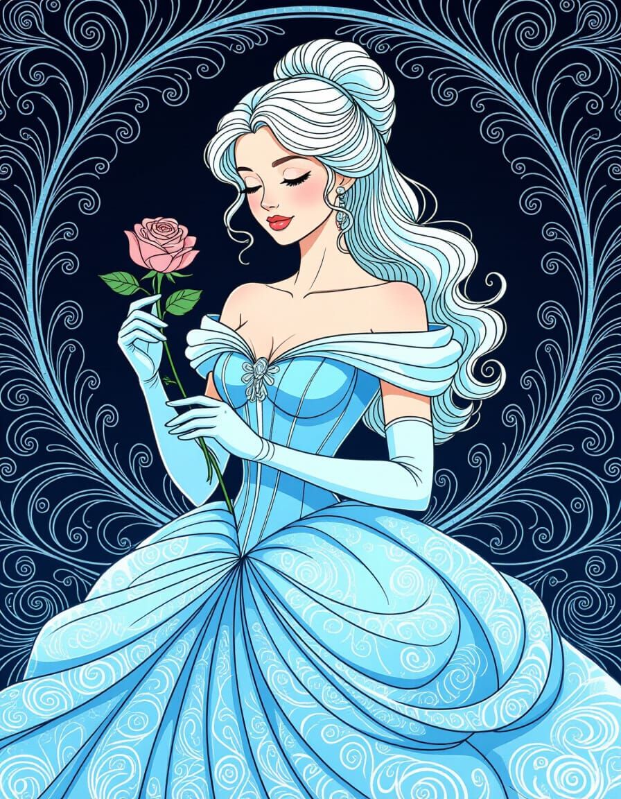 Belle in Gown with Rose, Pen and Ink Style