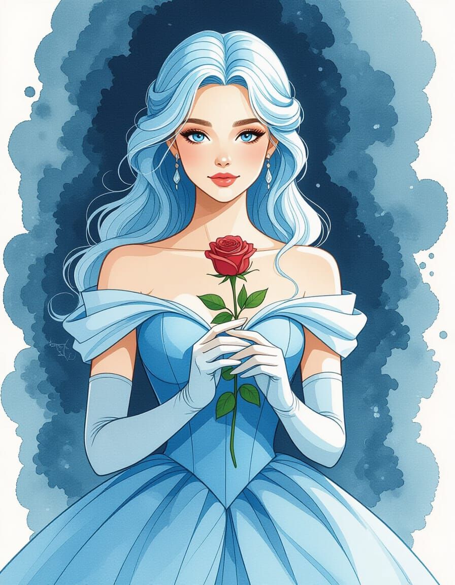 Elegant Woman with Rose in Pen and Ink Style