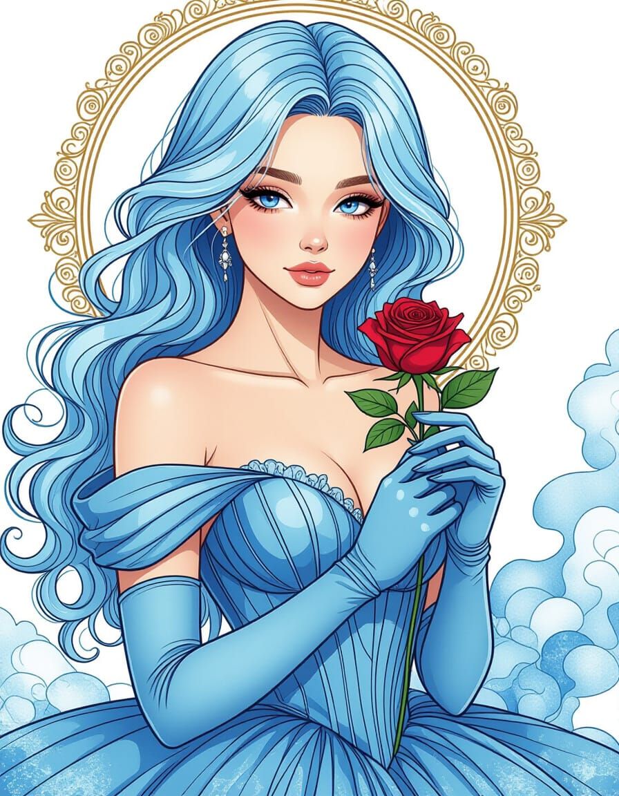 Elegant Woman with Rose in Pen and Ink Style