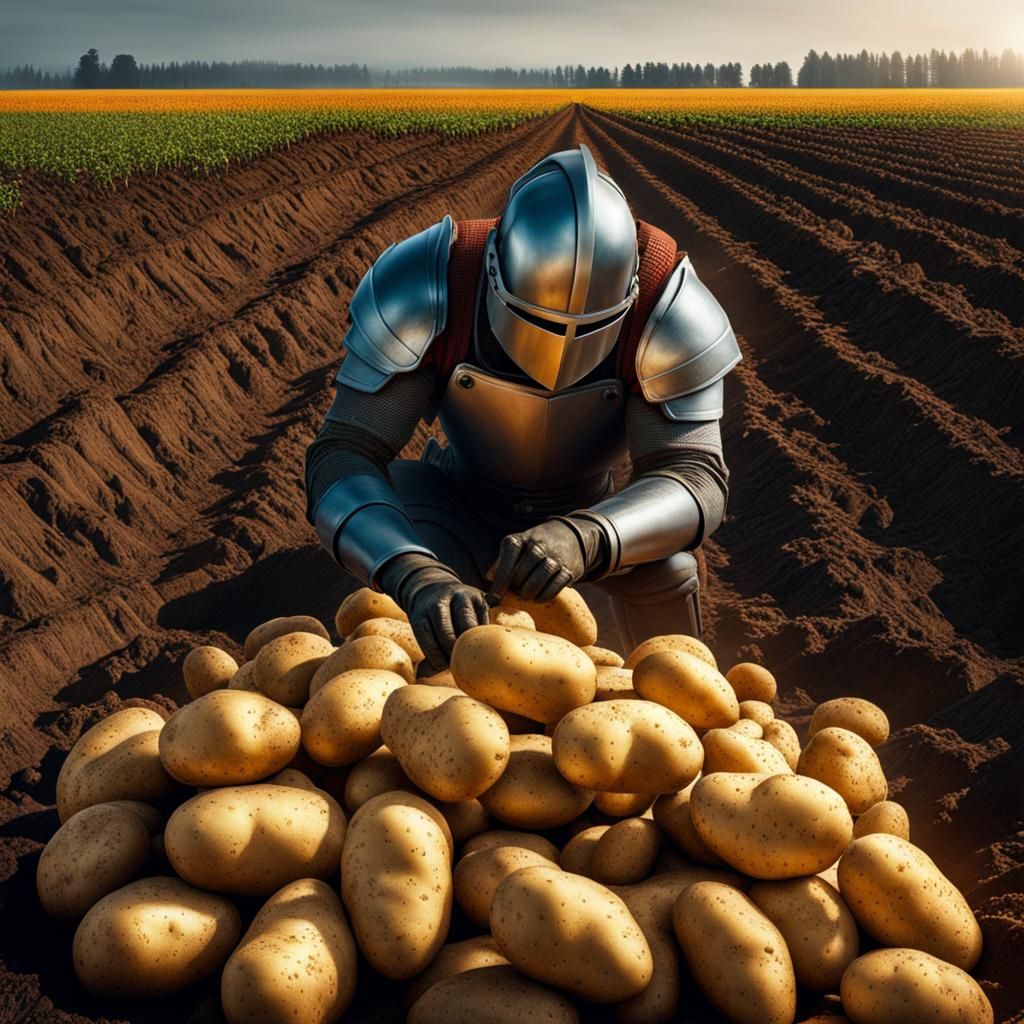 Knight Harvesting Potatoes in Autumn Field