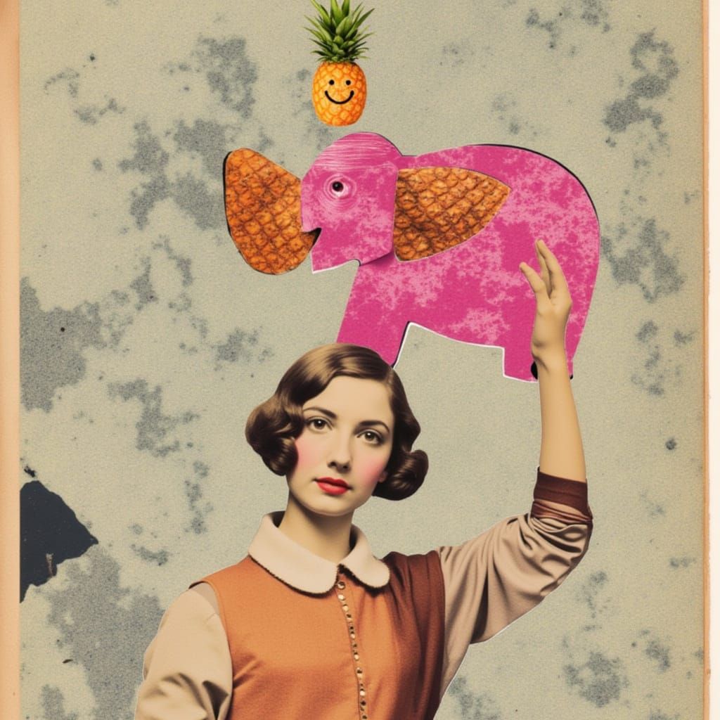 Surreal Vintage Collage: Woman Holds Pink Elephant with Pine...