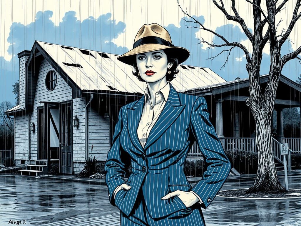 Determined Woman Stands Outside Smoldering Ruins in the Rain