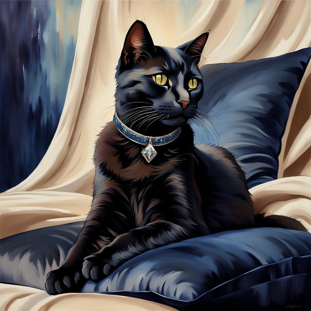 Black Cat with Diamond Collar as Impasto Painting