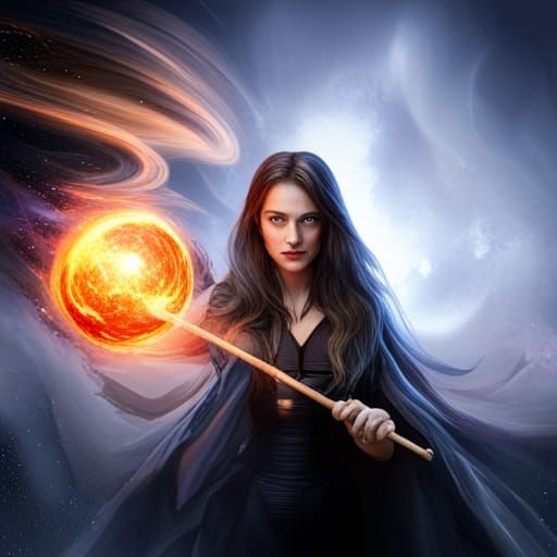 Fantasy Witch Casting Fire Spell in Starry Night