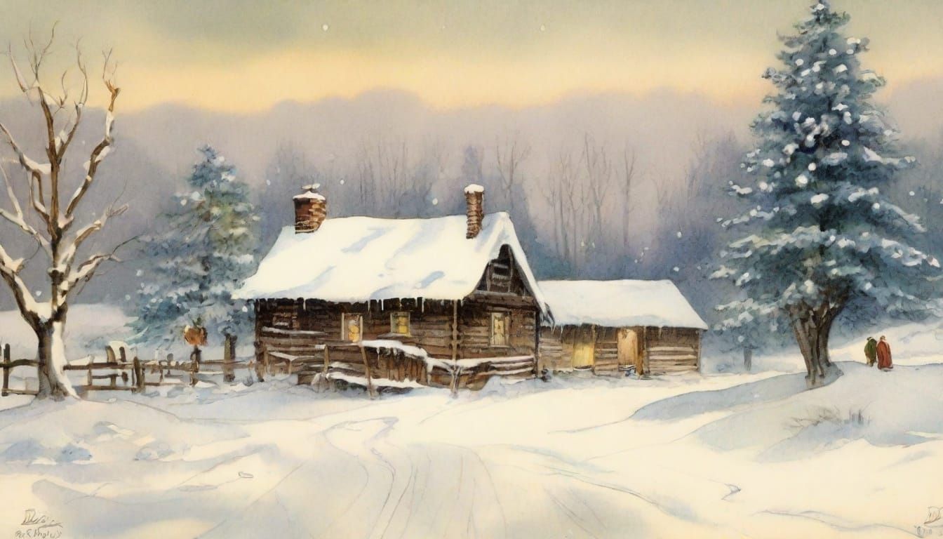 Vintage Christmas Donkey in Snowy Valley Illustration