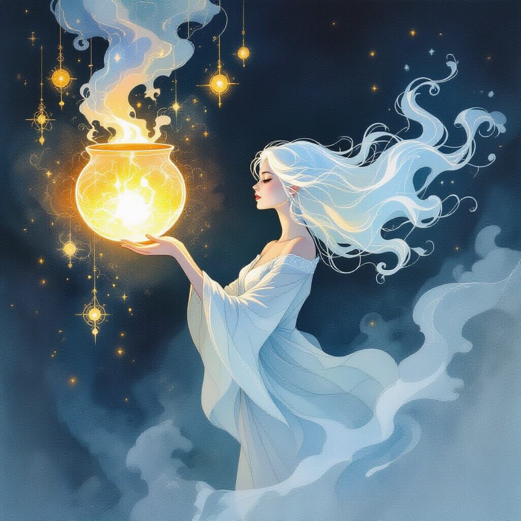 Ethereal Woman Reaching for Glowing Cauldron in Watercolor S...