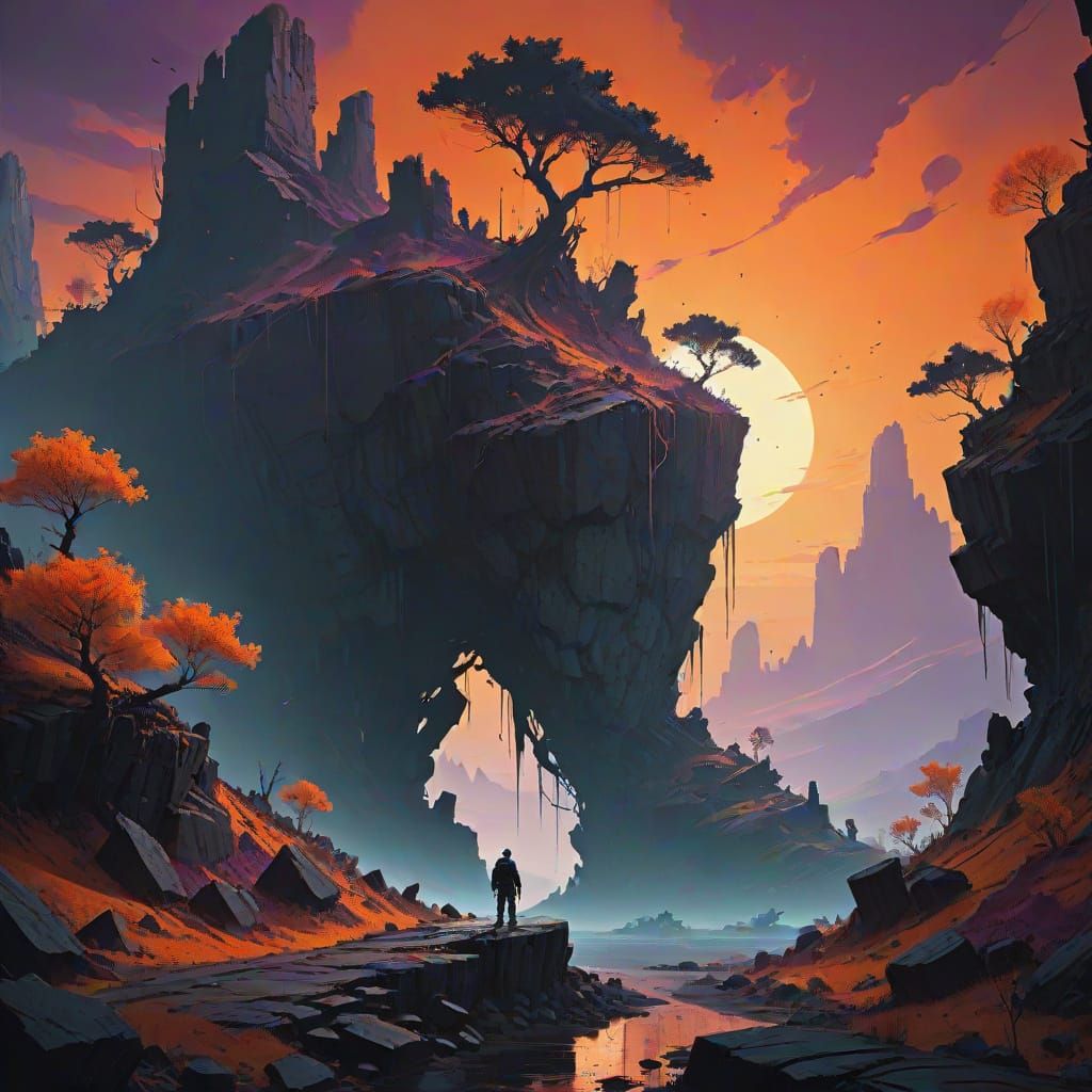 Distressed Figure at the Edge of a Precipice in Dark Fantasy...