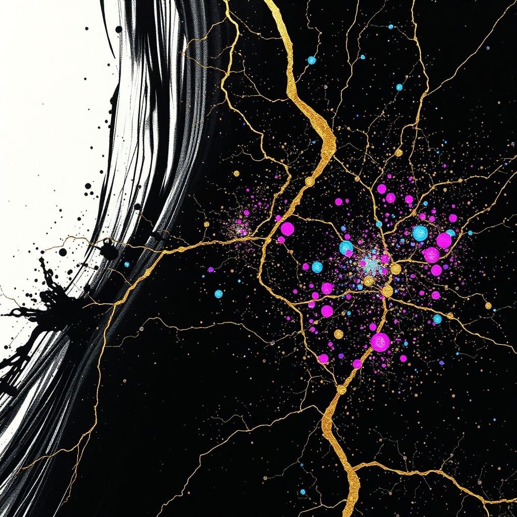 Abstract Figure Explodes into Neon Micro-Universes