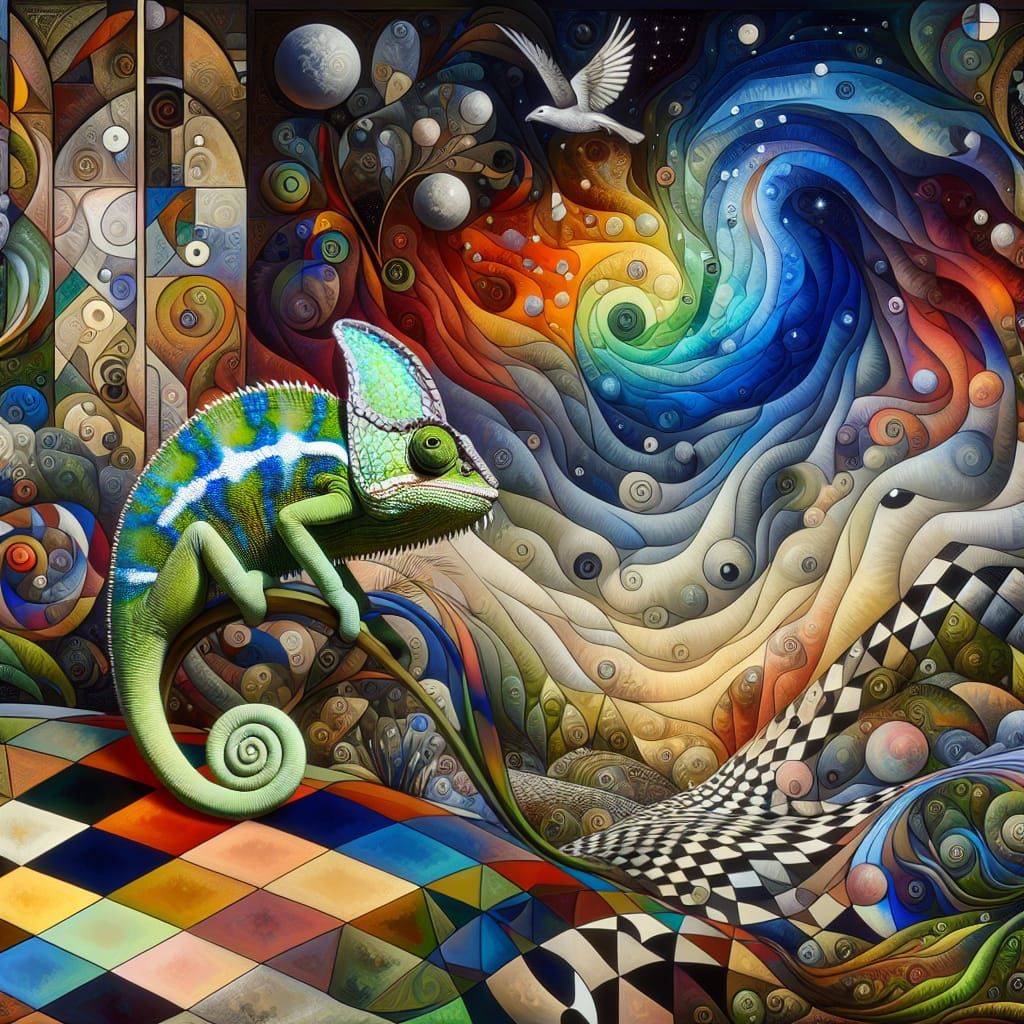 Surreal Chameleon Dreamscape in Cubist Style