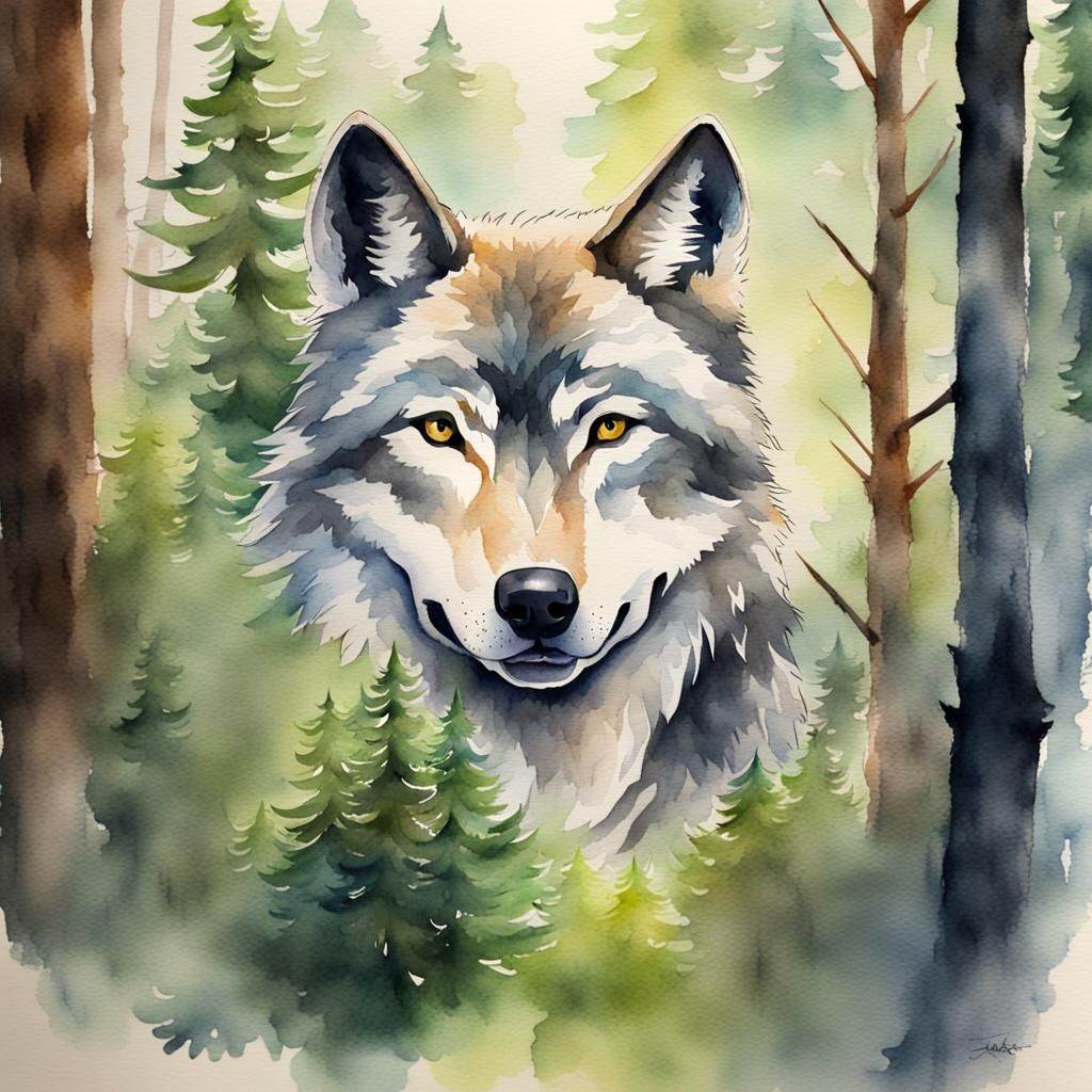 Watercolor Wolf Portrait in Forest