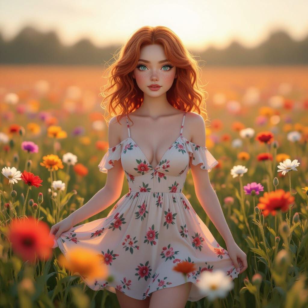 Woman in Flower Field, 3D Rendered Digital Art