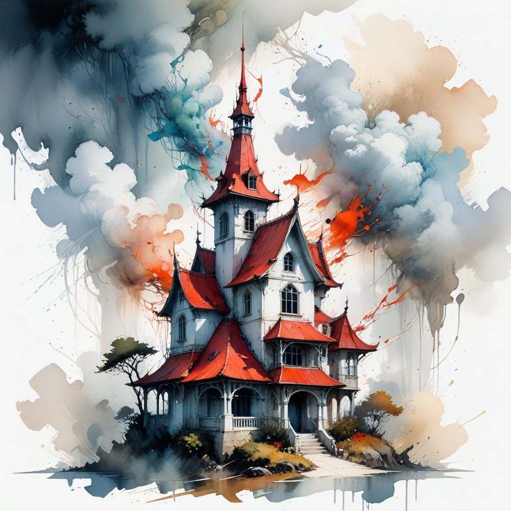 Mysterious Floating House in Surrealist Watercolour Style