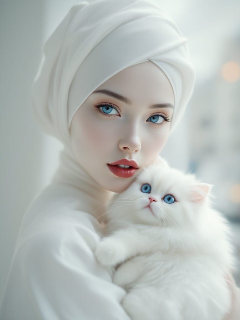 Dreamlike Woman and Cat in Monochromatic White