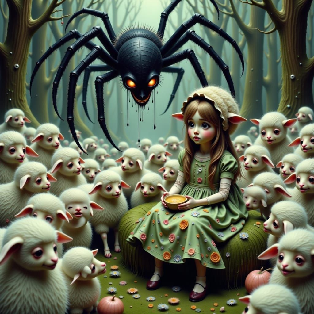 Terrified Lambs Witness Spider's Descent, Arthur Rackham Sty...