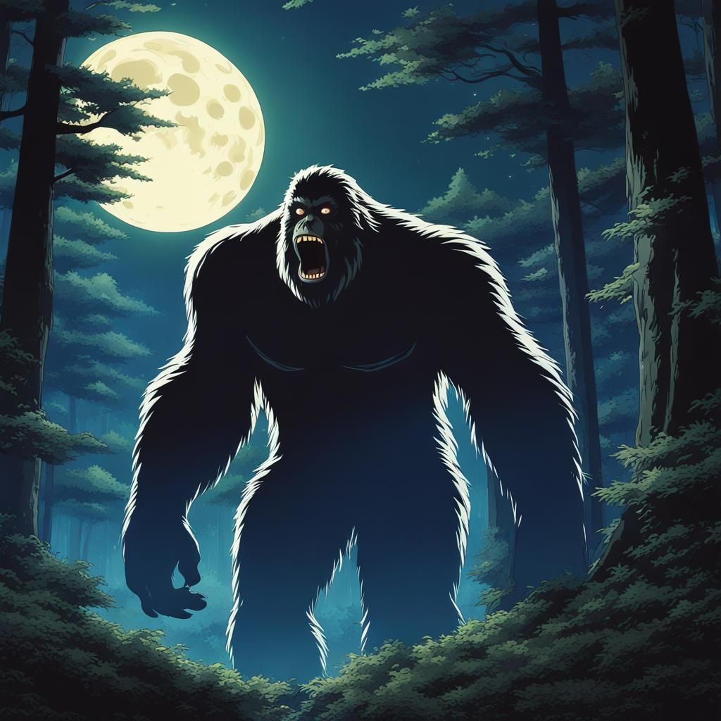 Bigfoot Roaring in Eerie Forest: Anime Key Visual