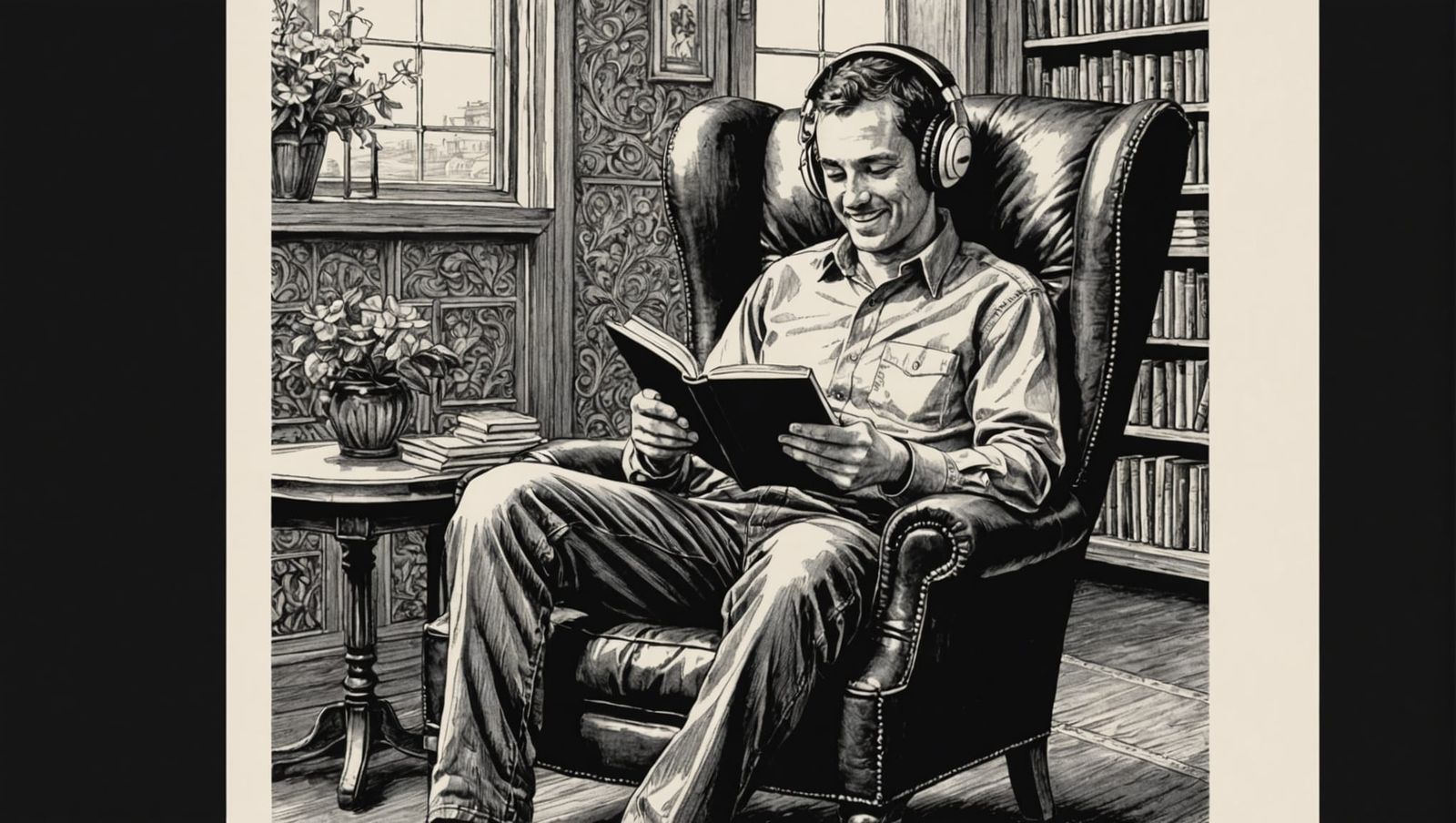 Person Reading with Headphones: Pen and Ink