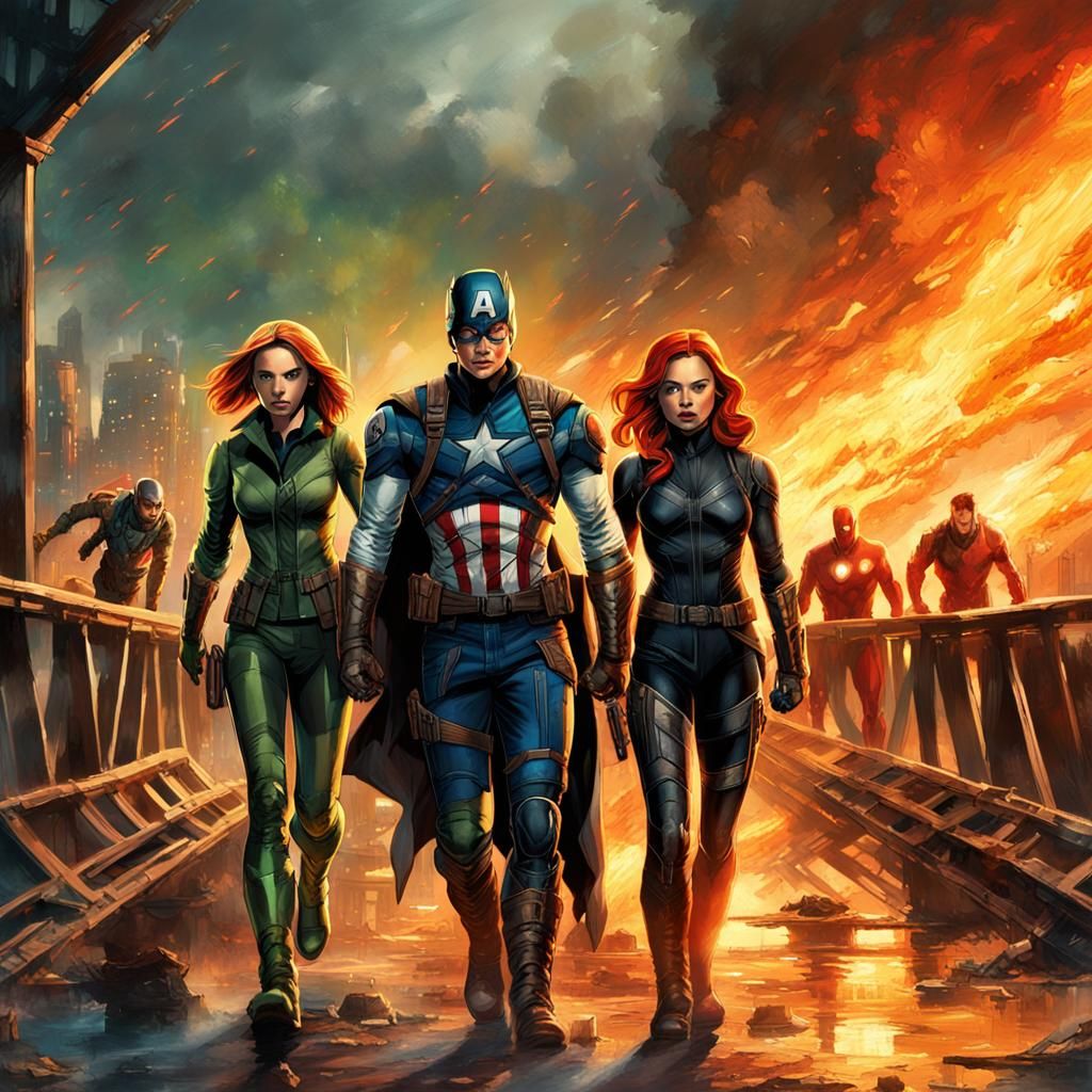 Superheroes Walk Bridge of Fire in Apocalyptic Oil Painting