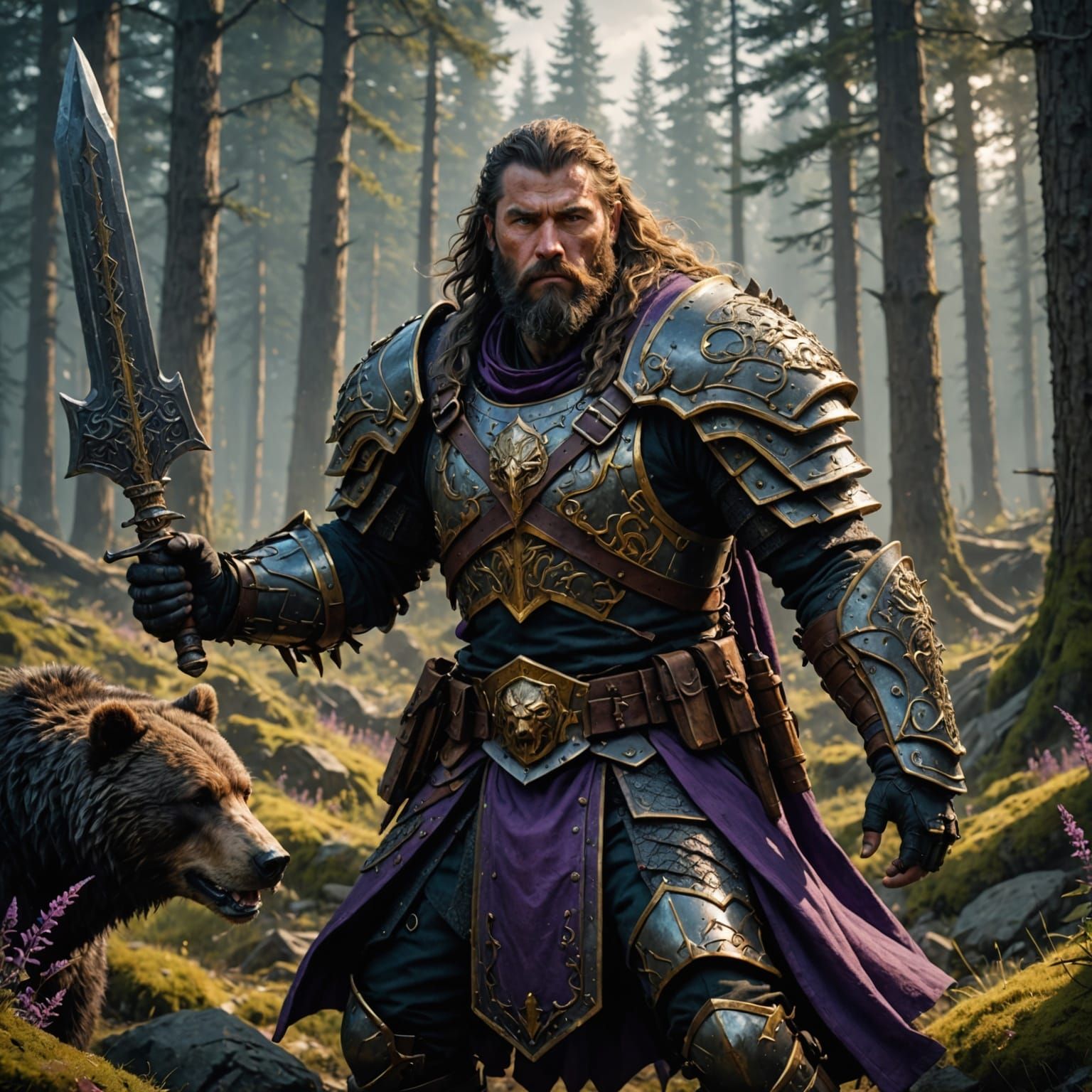 Dark Fantasy Warrior with Long Hair and Beard in Epic Armor