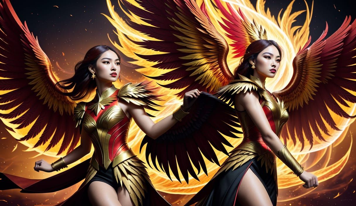 Phoenix Woman in Flight: Vibrant Digital Art