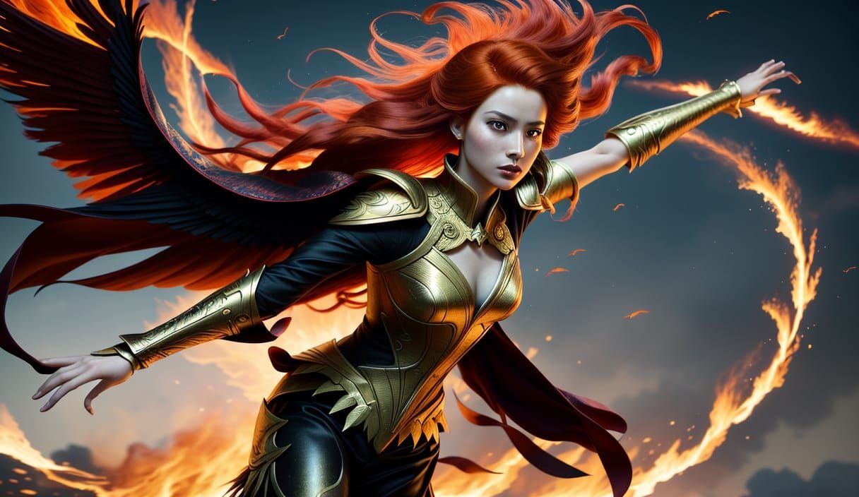 Phoenix Woman in Flight: Hyper-Realistic Digital Art