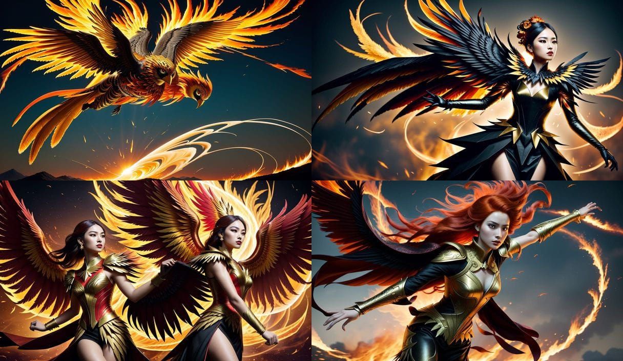 Phoenix Woman in Origami Dress: Fantasy Illustration